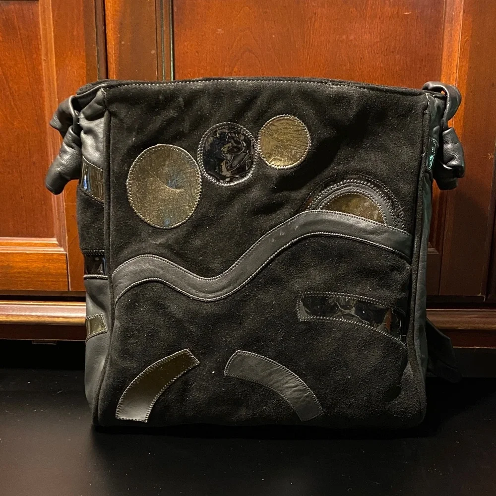 Black leather black suede and black patent Patchwork Shoulder Bag - Picture 7 of 14